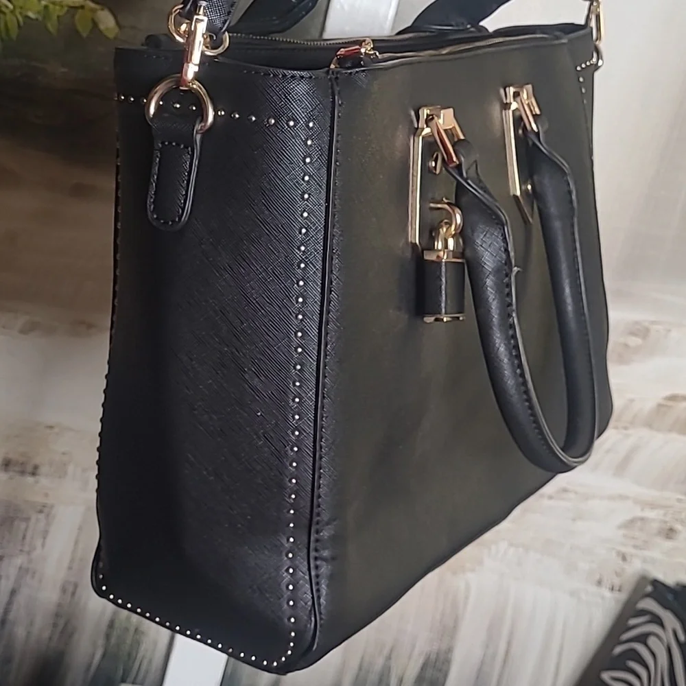 Miztique Womens Elegant Black Handbag Satchel gold accents and accent lock